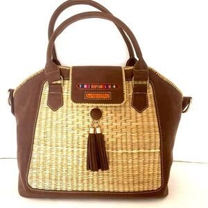 Women’s suede and rattan handbag